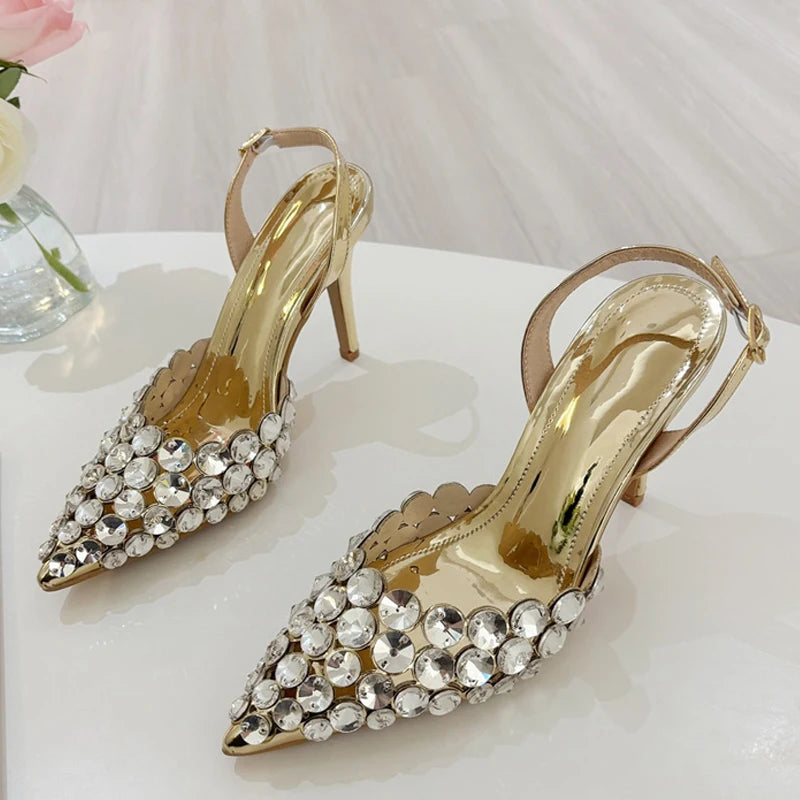 Xajzpa Elegant Pointed Toe Slingback Stiletto Sandals Crystal Diamonds Women Pumps High Heels Wedding Prom Shoes Zapatos Mujer