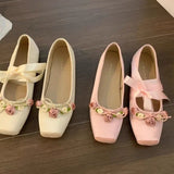 Xajzpa Women Flats Bow Marie Janes Shoes Elegant Wedding Shoes Lolita Dress Square Toe Shoes Designer Walking Shoes Female Zapatos