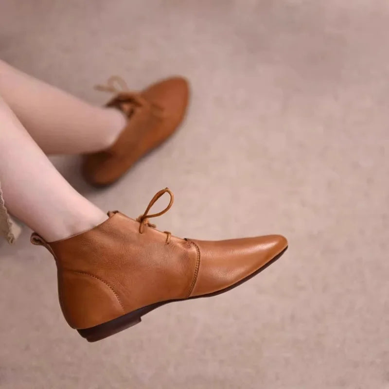 Xajzpa Women's Ankle Boots Solid Color Leather 2026 Autumn Fashion Pointed Toe Lace-up Flat Boots for Women Casual Retro Sewing Shoes