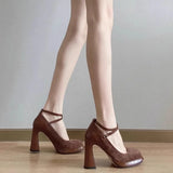 Xajzpa Beige High Heels Lolita Shoes Chunky Sandals Increasing Height Clogs for Women 12cm Latest Mary Jane Block African Black Pu