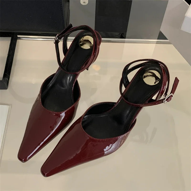 Xajzpa Spring Designer Narrow Band Women Pumps Sexy Ankle Buckle Strap Pointed Toe Thin Low Heels Dress Slingbacks Mule Shoes