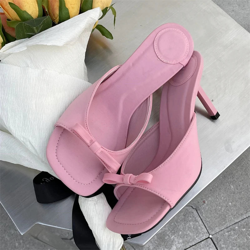 xajzpa Summer Fashion Butterfly-knot Satin Women Slipper Slip On Ladies Sandal Thin High Heel Outdoor Dress Slides Shoes