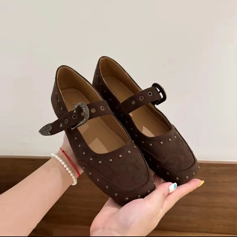 Xajzpa New Women's Shoes Suede Flats Loafers Women Marie Jane Shoes Square Toe Ballet Dance Shoes Fashion Luxury Dress Zapatos De Mujer