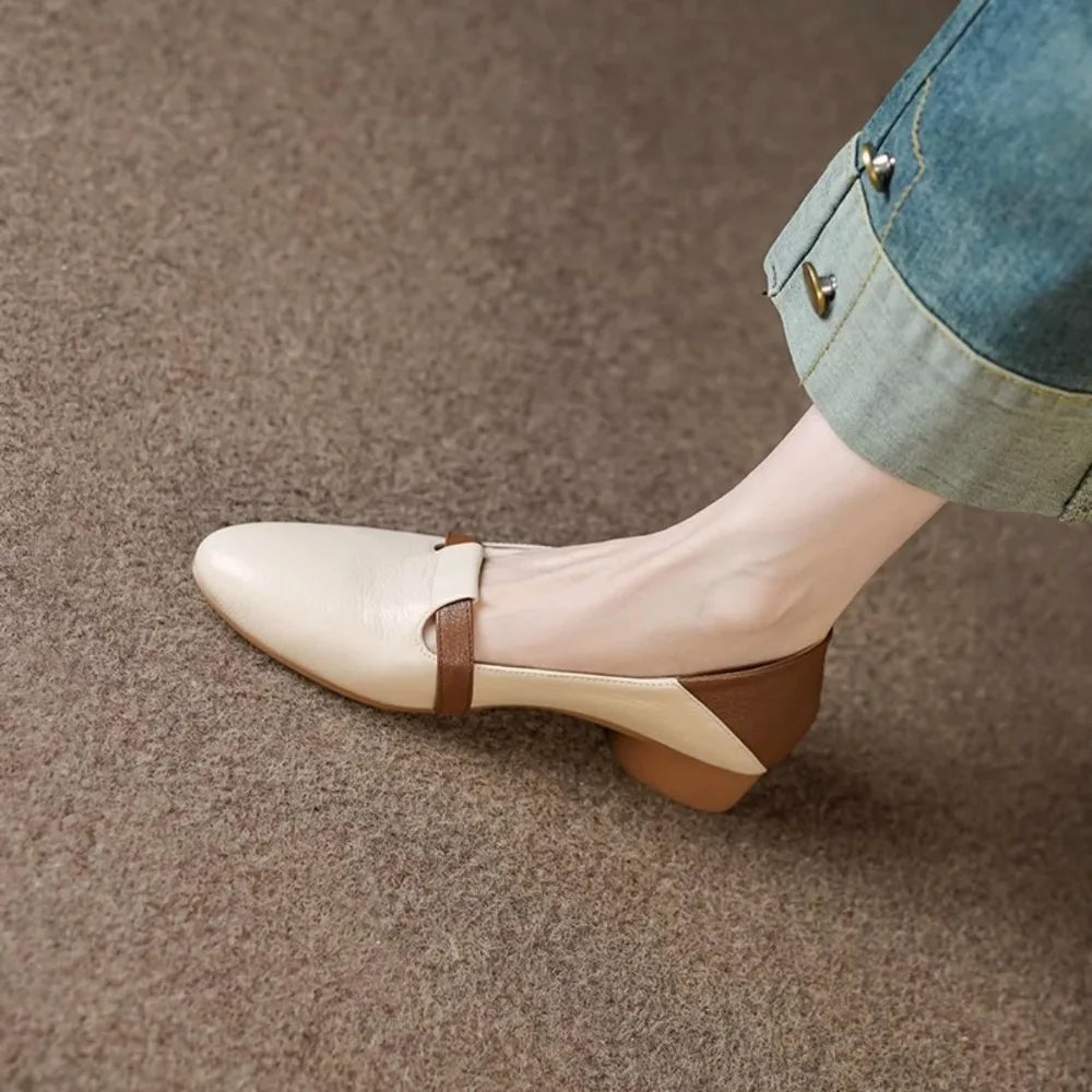 Xajzpa Pumps Women Autumn New Comfortable Versatile Chunky Heel Soft Leather Soft Sole Non-Tiring Slip-On Pointed Toe Low Heel Shoes
