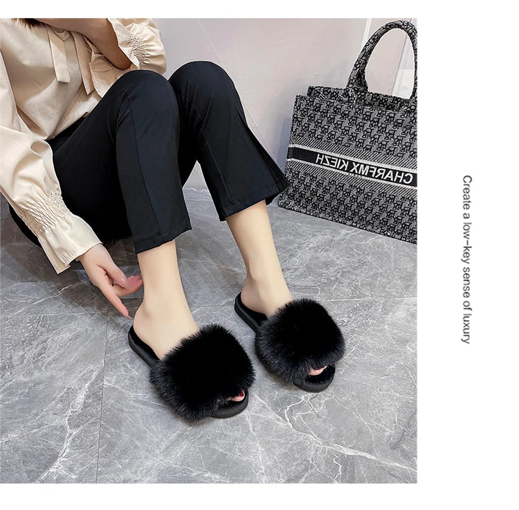 Xajzpa New Woman Slippers Winter Simple Word Fur Flats Soft Home Women Slippers Faux Fur Warm Bedroom Leisure Female Shoes