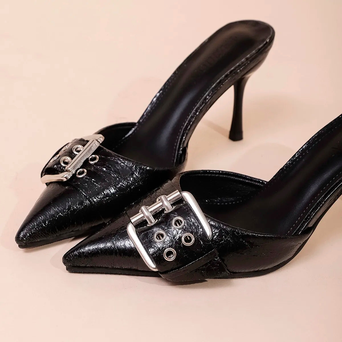 Xajzpa Pointed Toe Women's Mules Shoes Belt Buckle Black Patent Leather Stiletto High Heels Fashion Designer Summer Sandals for Ladies