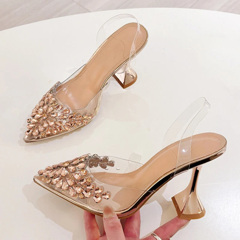 Xajzpa Elegant Pointed Toe Clear High Heels Wedding Prom Shoes Fashion Crystal Diamond Rivet PVC Transparent Sandals Women Pumps