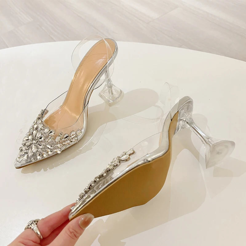 Xajzpa Elegant Pointed Toe Clear High Heels Wedding Prom Shoes Fashion Crystal Diamond Rivet PVC Transparent Sandals Women Pumps