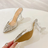 Xajzpa Elegant Pointed Toe Clear High Heels Wedding Prom Shoes Fashion Crystal Diamond Rivet PVC Transparent Sandals Women Pumps