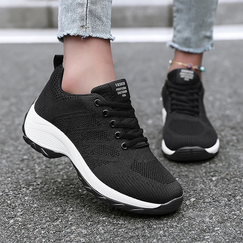 Xajzpa Women's Casual Shoes Breathable Walking Mesh Fabric Lace Up Flat Sports Shoes Women's Tenis Feminino Black Hiking Running Shoes