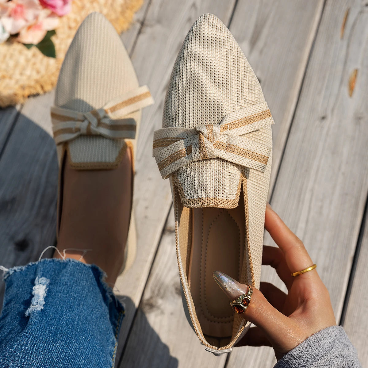 Xajzpa New Women Flats Shoe Knitted Slip Breathable Comfortable Solid Color Shoes Casual Pointed Toe Walking Loafers Sneakers