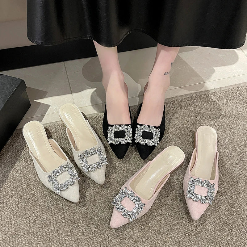 Xajzpa New Women's Shoes New Mules Women's High Heels Fashion Wedding Pump Women Rhinestone Pointed Toe Sandals Ladies Zapatos Mujer