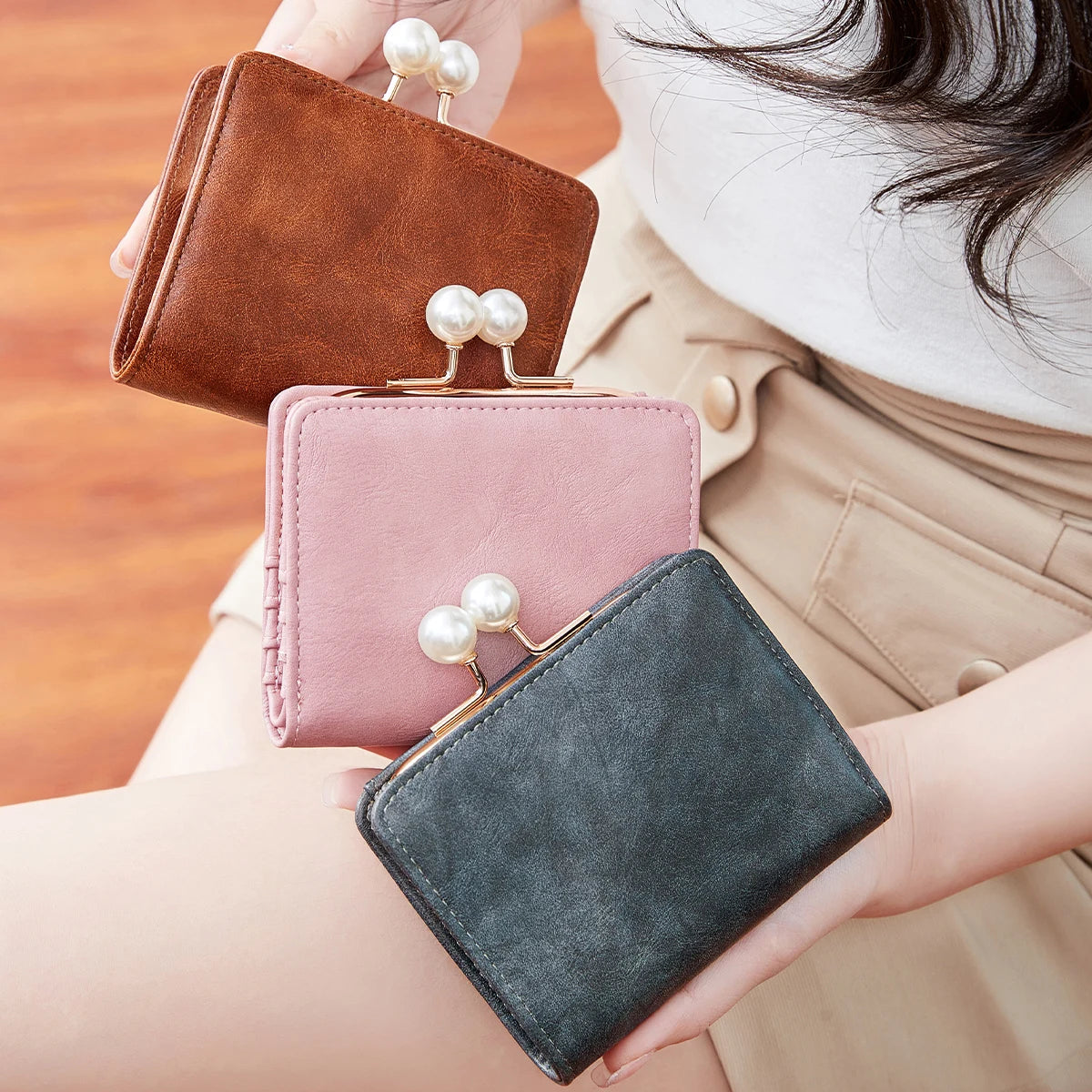 Xajzpa Women's Wallet Short Compact Three Layer Large Capacity Retro Pearl Wallet High Quality PU Leather Multi Card Seat/Coin Zero Wallet