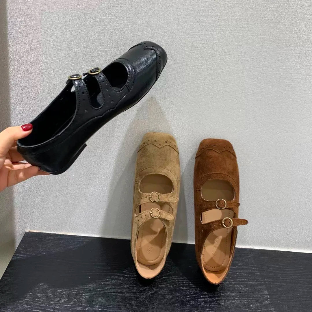 Xajzpa New Fashion Ladies Leather Flat Shoes Mary Jane Casual  Women Buckle Shoes Ladies Casaul Dress Low Heel Leather Shoes