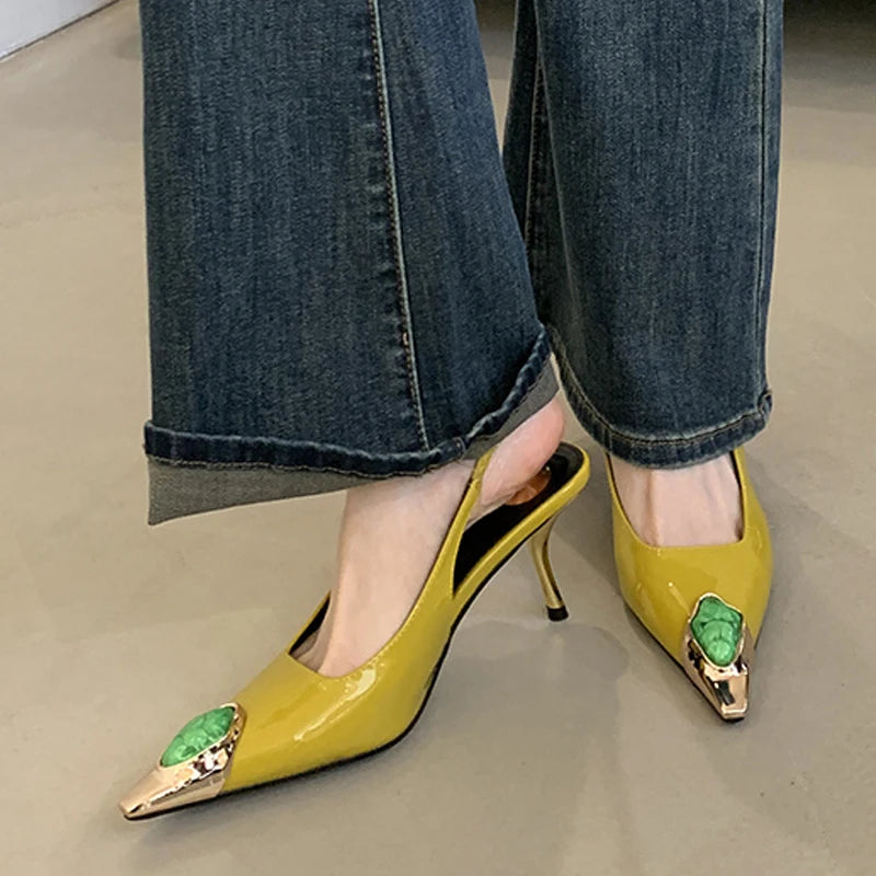 Xajzpa Fashion Design Inlay Gems Pointed Toe Patent Leather Sexy Slingback Sandals Women Pumps High Heels Wedding Banquet Shoes