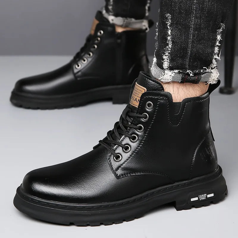 Xajzpa 2025 New MEN'S BOOTS with Retro Style Leather Boots, Thick Soles, Wear-resistant MEN'S High Top Casual Shoes