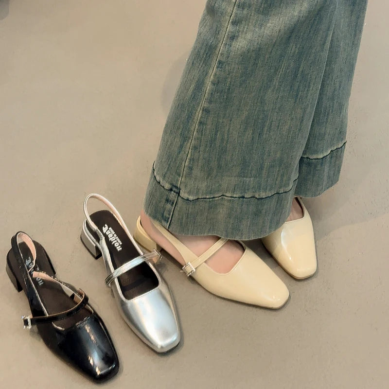 Xajzpa Open Shoes Heel Mary Jane Square Toe Chunky Sandals Women's Block Girls Clear New Low Retro Silver Scandals Janes Women's S