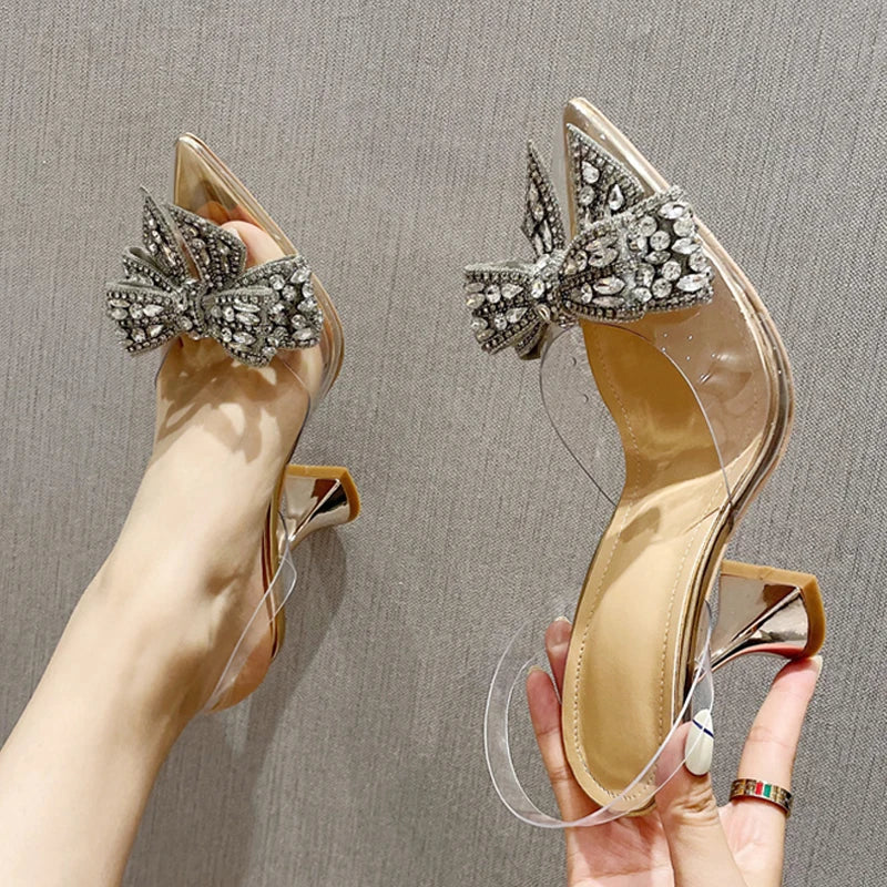 Xajzpa Fashion Crystal Sequined Bowknot Women Pumps Sexy Pointed Toe High Heels Wedding Prom Shoes Ladies PVC Transparent Sandals