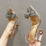 Xajzpa Fashion Crystal Sequined Bowknot Women Pumps Sexy Pointed Toe High Heels Wedding Prom Shoes Ladies PVC Transparent Sandals