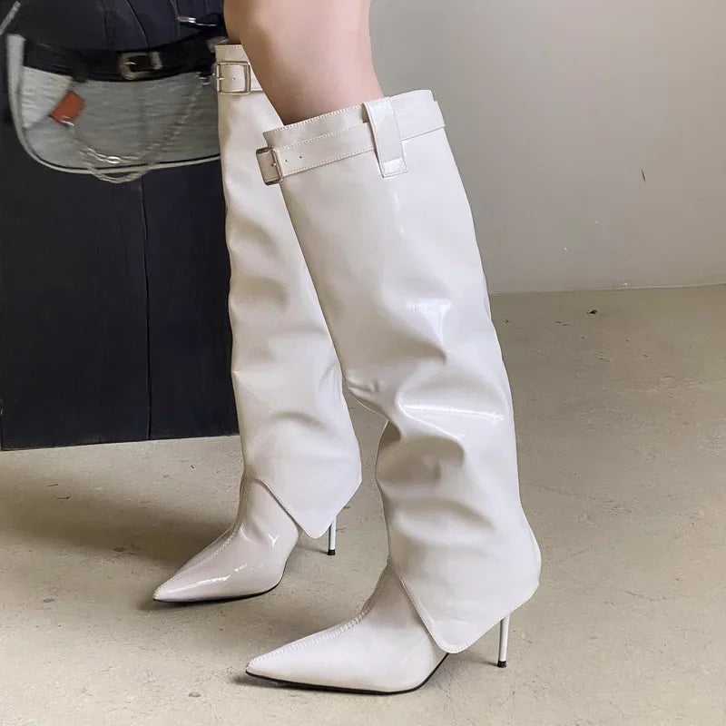Xajzpa Street Style Sexy Patent Leather Woman Knee-High Boots Thin Heels Long Booties Designer Belt Buckle Strap Stripper Shoes