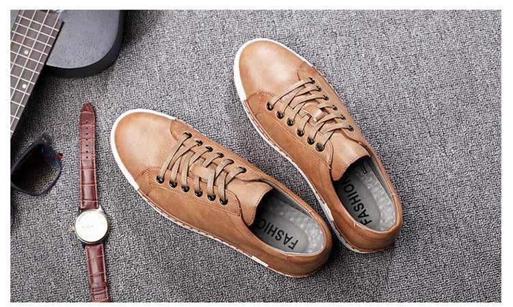 Xajzpa Men's Casual Leather Shoes for Men Fashion Four Seasons Breathable Lace-up Athletic Shoes Shallow Skate Shoes Large Sizes 38-48