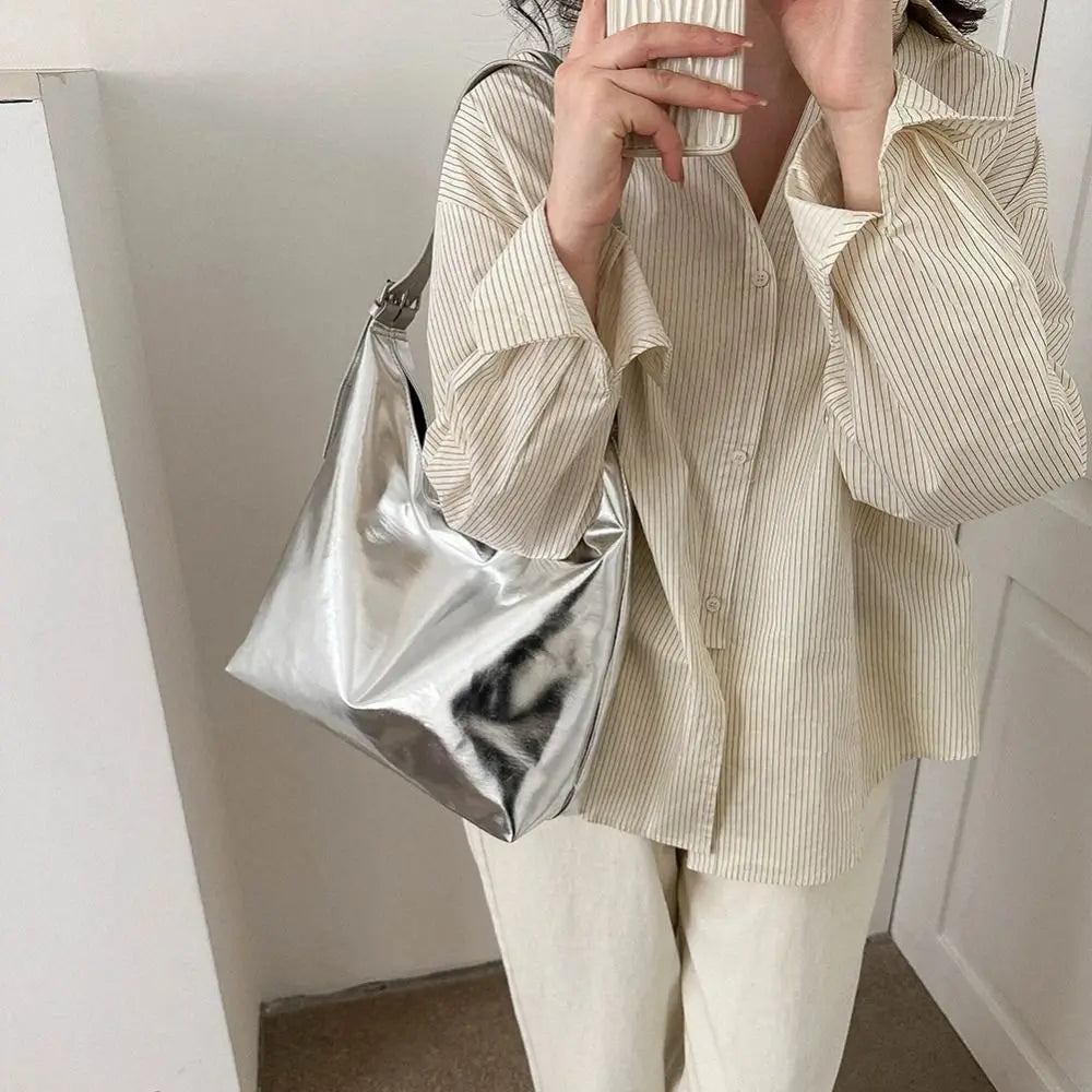 Xajzpa  PU Top-Handle Handbag Luxury Designer Bag for Women Fashion Shopping Bag High Capacity Silver Gold Casual Leather Tote Bag