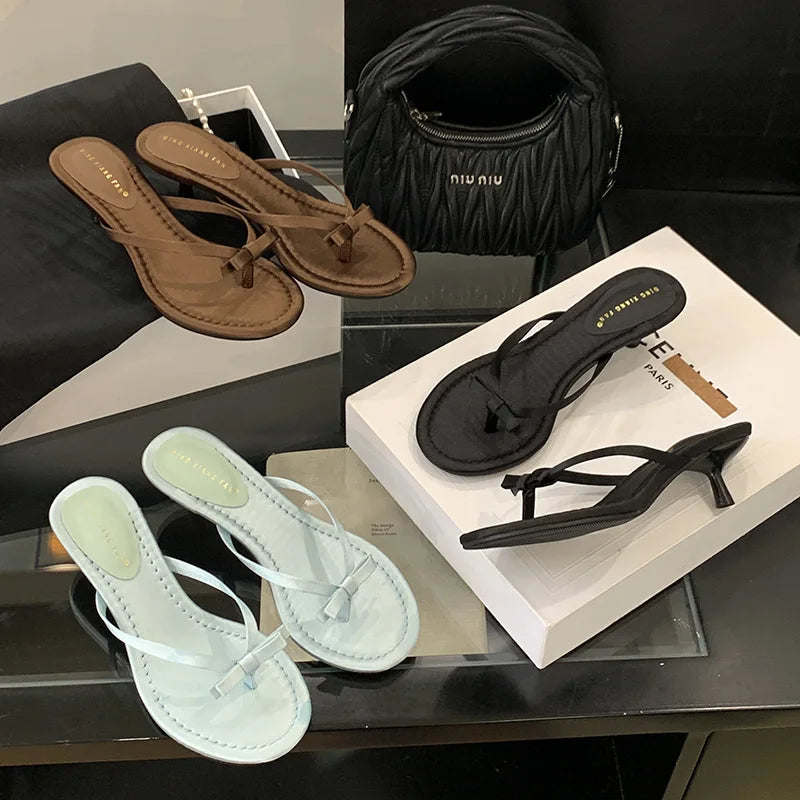Xajzpa Thin Heels Female Shoes Low Butterfly-Knot Womens Slippers Outdoor Rubber Flip Flops Slides 2025 Hawaiian Soft PU Rome Butterfly