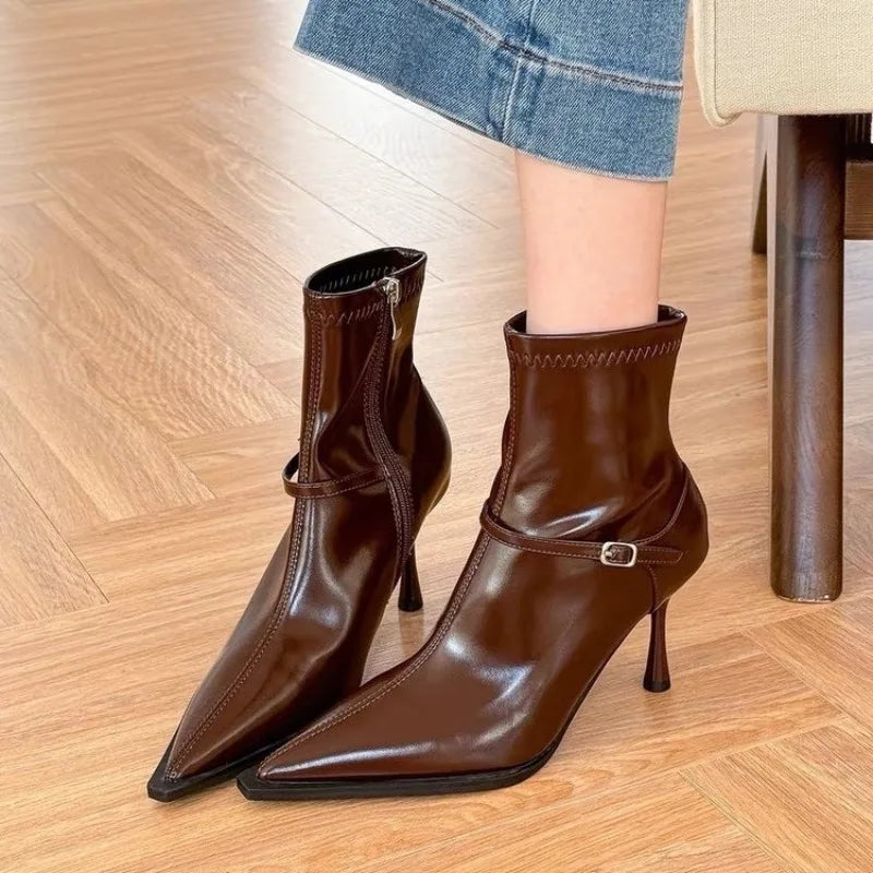 Xajzpa New Style Luxury Women's Fashion Short Plush Women Ankle Boots Pointed Toe Ladies Elegant Pumps Shoes Thin High Heel Short Boots