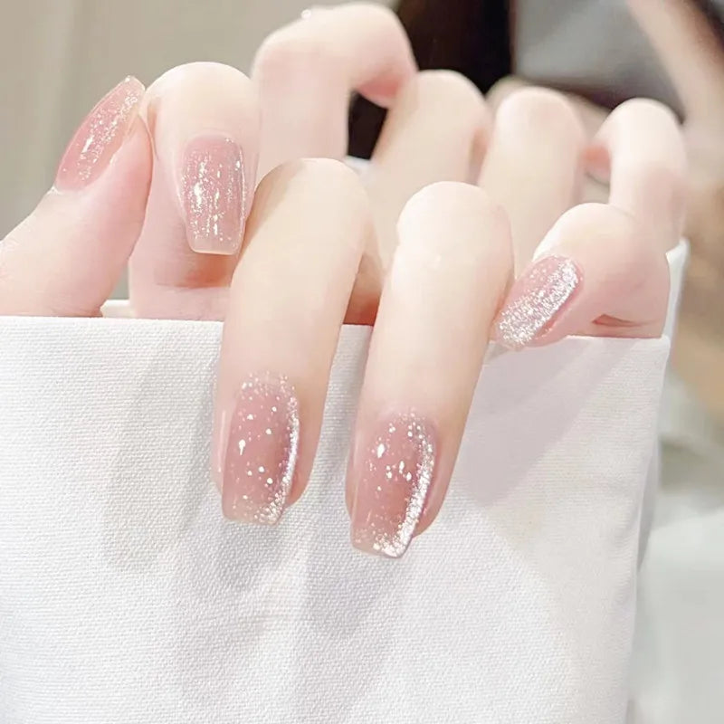 Xajzpa  24pcs Glitter Fake Nails Purple Shiny Cat Eye Press On Nails Almond Head Manicure Nail Tips Pink/Blue False Nail Patch For Girl