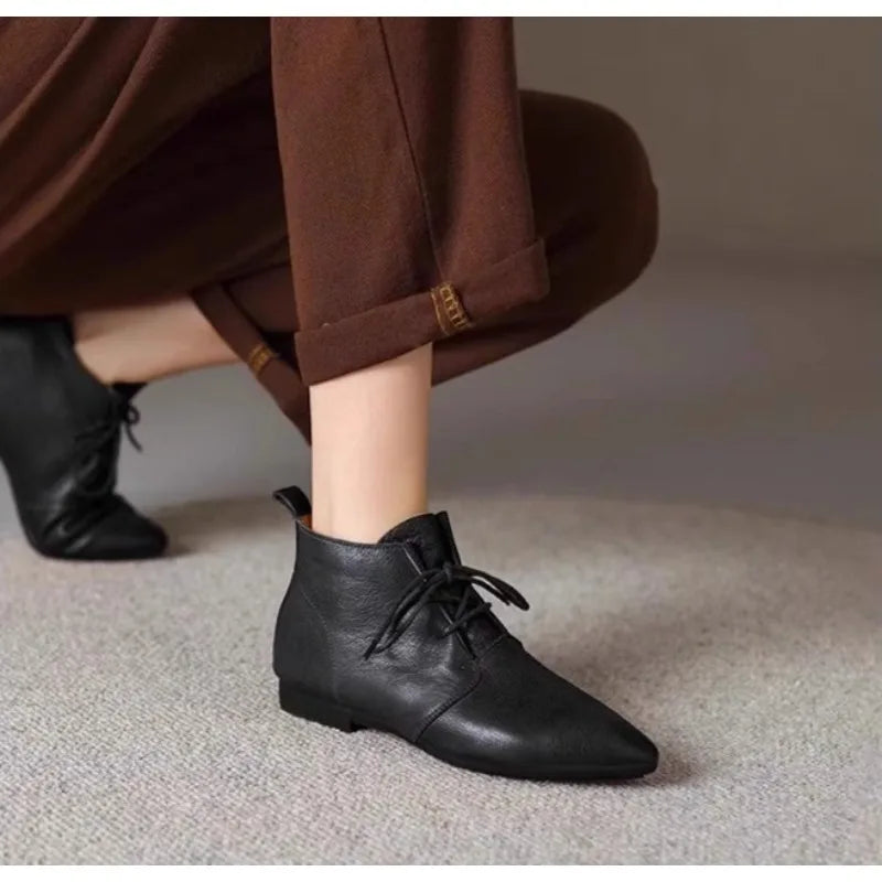 Xajzpa Women's Ankle Boots Solid Color Leather 2026 Autumn Fashion Pointed Toe Lace-up Flat Boots for Women Casual Retro Sewing Shoes