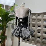 Xajzpa Fashion 2 Piece Set Women's Fish Bone Strapless Top Plaid Fluffy Short Skirts 2025 Summer New Tide