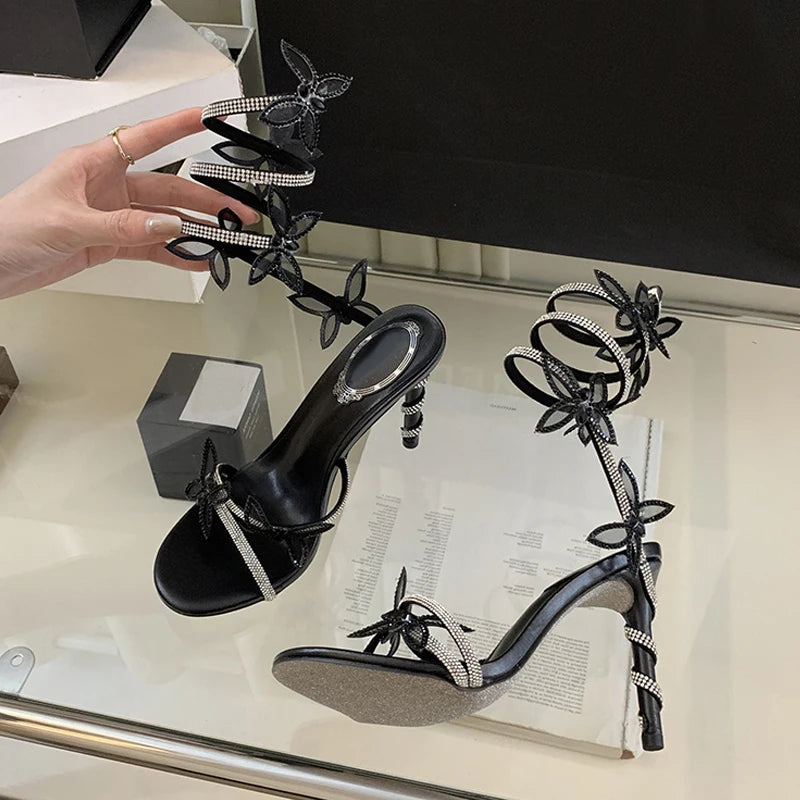 Xajzpa Designer Green High Heels Gladiator Sandals Women Fashion Rhinestone Butterfly Ankle Snake Twine Around Party Prom Shoes