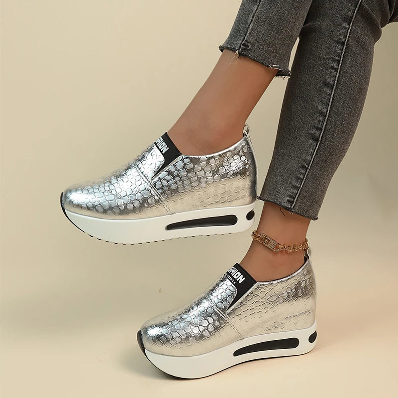 Xajzpa Patent Leather Wedge Loafers Shoes for Women New Height Increasing Platform Sneakers Woman Lightweight Slip On Casual Shoes