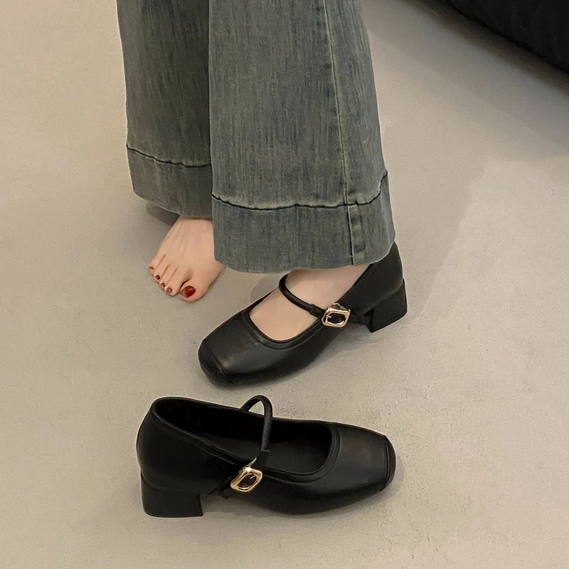 Xajzpa Retro Women Shoes Mary Jane Chunky Sandals Casual Heels Footwear Round Toe 2025 Shallow Mouth Branded Pumps Lolita Block Comfort