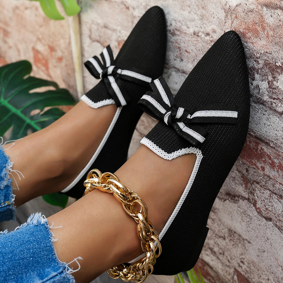 Xajzpa New Women Flats Shoe Knitted Slip Breathable Comfortable Solid Color Shoes Casual Pointed Toe Walking Loafers Sneakers