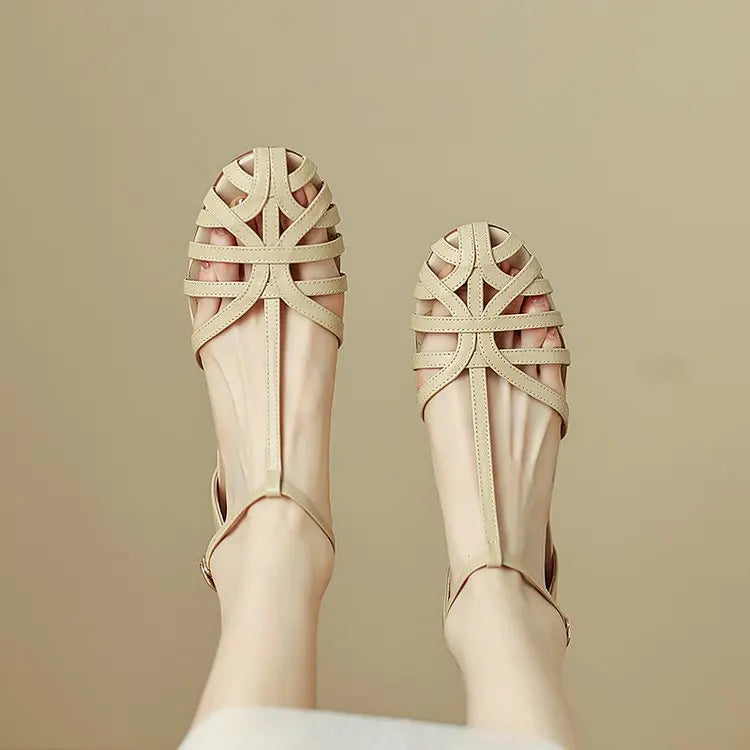 Xajzpa Shoes Female Sandal Women's Girls Beige New Summer Comfort Low Retro Flat Back Strap Square heel Rubber PU Scandals Solid C