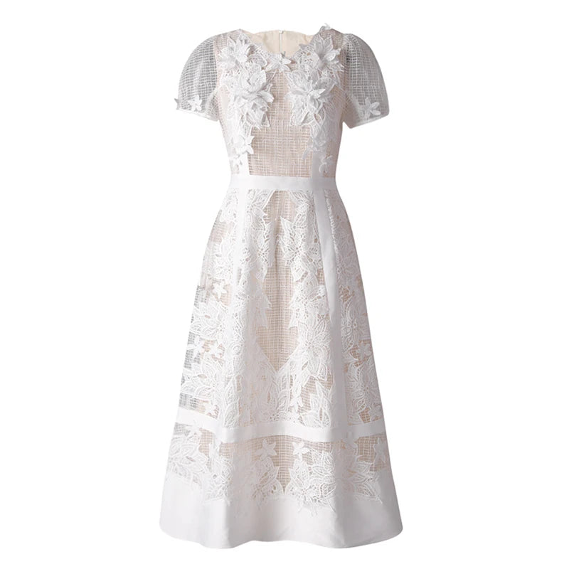 Xajzpa Fashion Women Dress Short Sleeve Round Neck Lace Patchwork Female Elegant Dresses New Tide