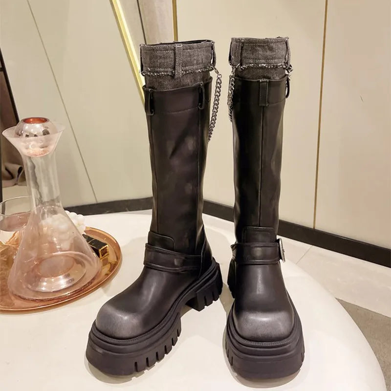 Xajzpa Med Heel Boots Round Toe Women's Genuine Leather Shoes Zipper Boots-Women  Over-the-Knee Rubber 2025 Lolita Lace-Up Western Floc