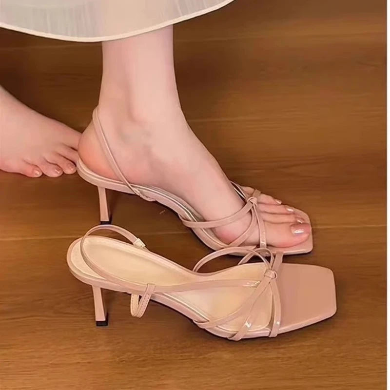Xajzpa New Fashion Women's Summer Narrow Band Heel Sandals Women Thick Heel  Ankle Strap Fashion Square Toe Ladies Dress Zapatos Mujer