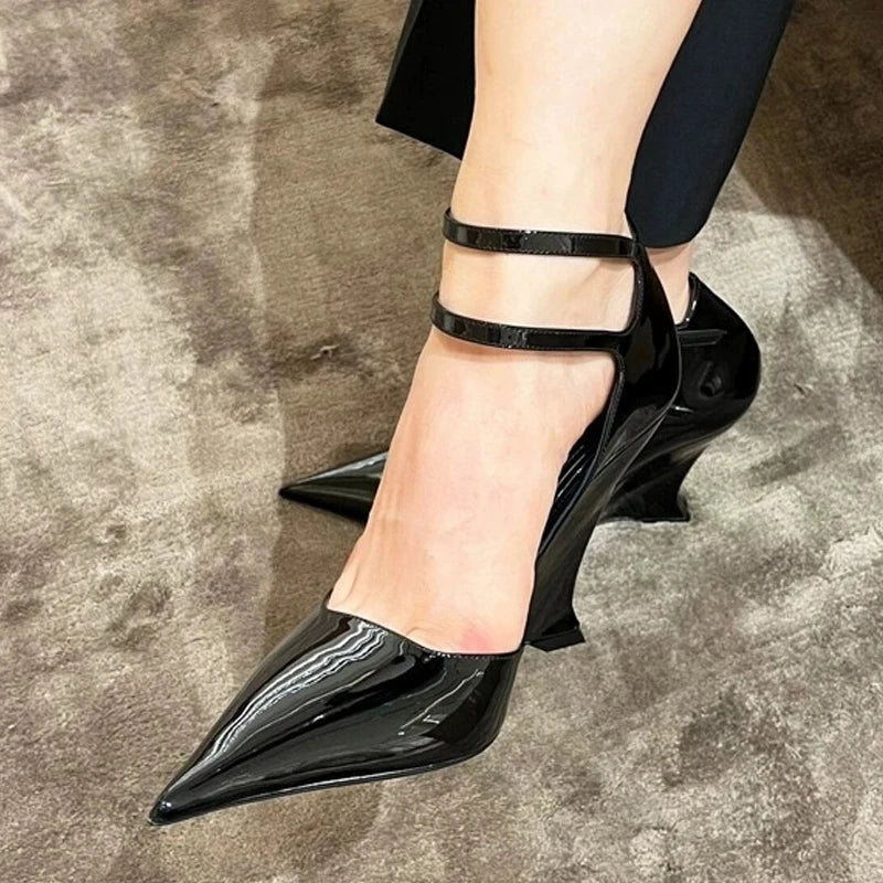 Xajzpa Sexy Red Patent Leather Pointed Toe Wedges High Heels Women Pumps Fashion Double Buckle Strap Ladies Party Dress Shoes