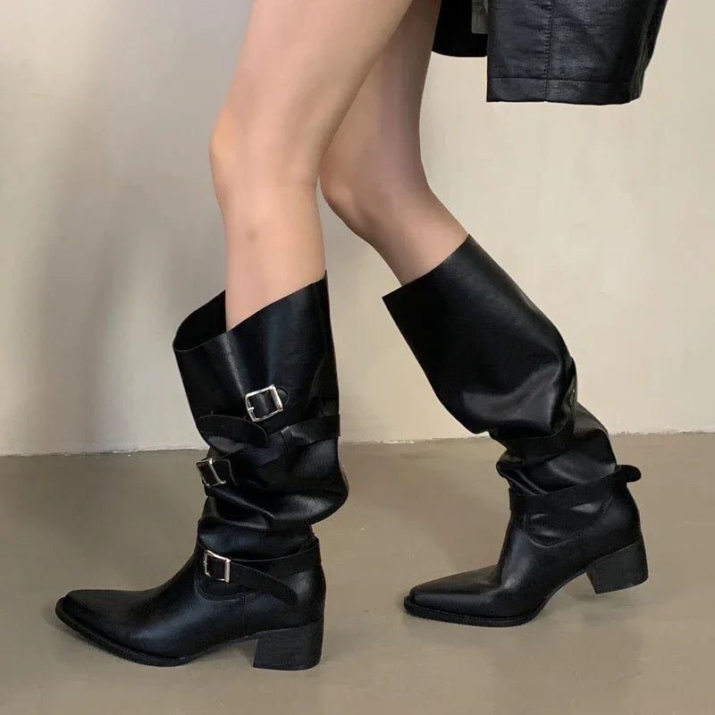 Xajzpa Winter Black Punk Round Toe Knee-High Women Boots Square Heels Buckle Strap Ladies Booties Shoes Zapatillas De Mujer