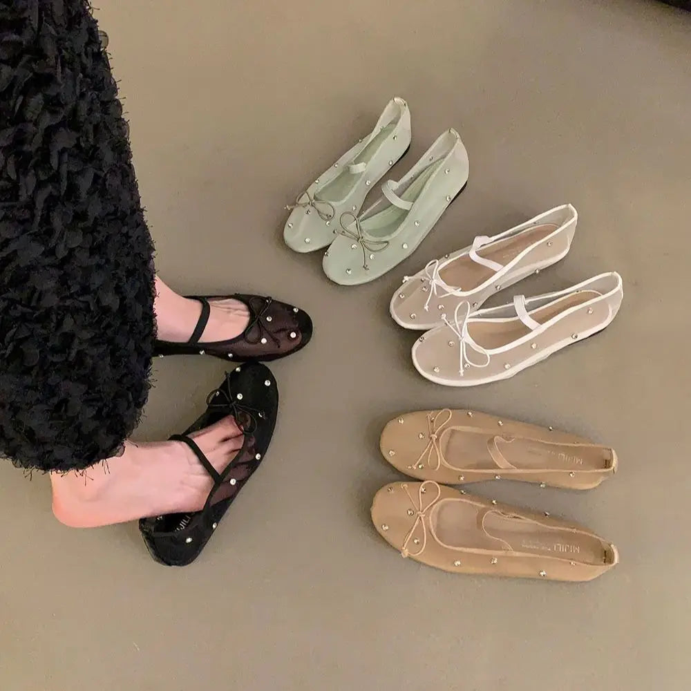 Xajzpa New Brand Women Flat Shoes Fashion Mesh Ladies Elegant Mary Jane Shoes Soft Sole Outdoor Dress Ballerinas