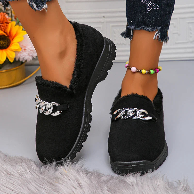 Xajzpa Trend Chain Thick Plush Low Platform Boots Women Winter Wear-Resistant Warm Ankle Boots Female Solid Soft Sole Non Slip Loafers