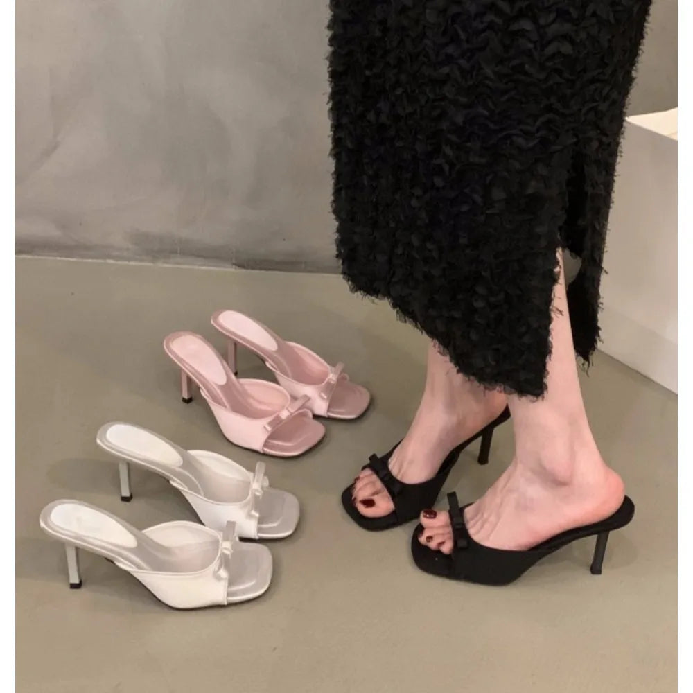 Xajzpa New Women's Slipper Mules Low High Heels Shoes Summer Best Street Look Females Square Head Open Toe Bow Strappy Sandals