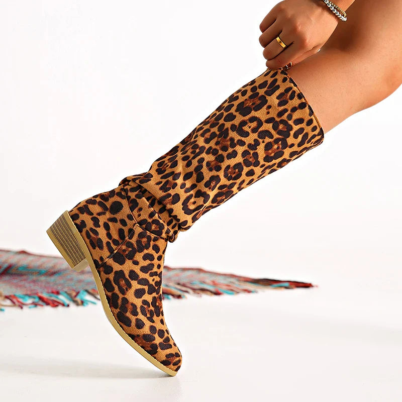 Xajzpa  New Fashion Leopard Women Knee-High Boots Autumn Winter Suede Point Toe Modern Boots Outdoor Plus Size Mid-Calf Woman Boots
