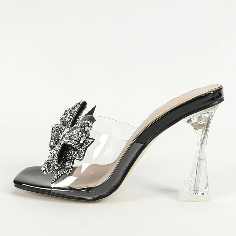 Xajzpa Fashion Silver Sequined Butterfly Knot Women Transparent Slippers Summer Square Toe Clear High Heels Sandals Female Shoes