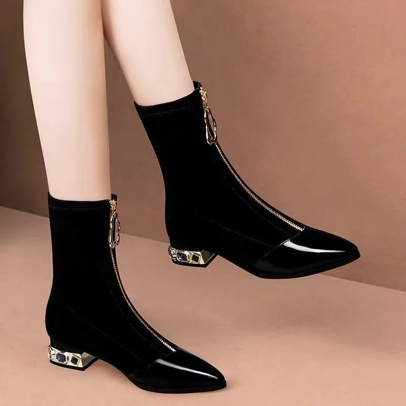 Xajzpa Women Shiny Sequin Ankle Boots Winter Fashion Pointed Front Zipper Rhinestone Square Heels Short Boots Retro Motorcycle Shoes