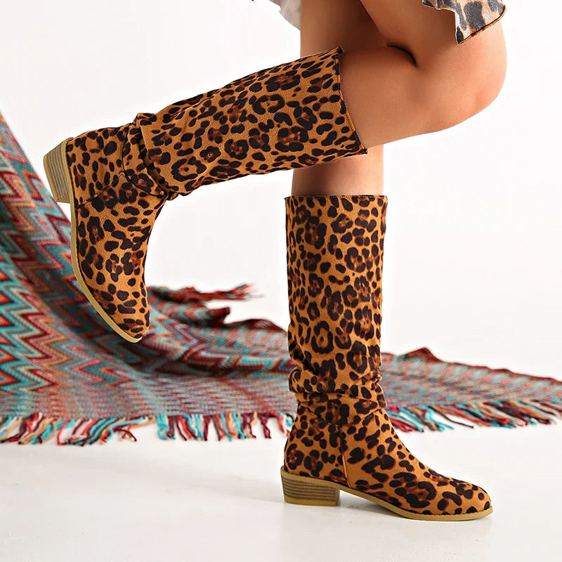 Xajzpa  New Fashion Leopard Women Knee-High Boots Autumn Winter Suede Point Toe Modern Boots Outdoor Plus Size Mid-Calf Woman Boots