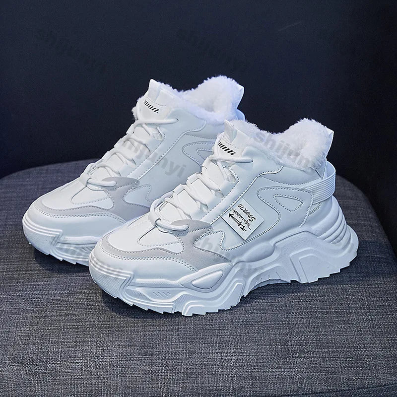 Xajzpa Fashion Platform Sneakers for Women Winter Thick Bottom Lace Up Walking Shoes Ladies Comfort Non Slip Sports Warm Cotton Shoes