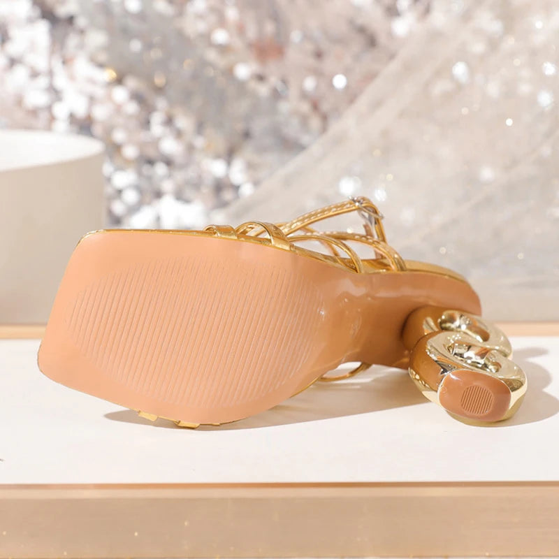 Xajzpa Strange Style Metal High Heels Gladiator Sandals Women Summer Fashion Narrow Band Square Toe Wedding Banquet Shoes Pumps